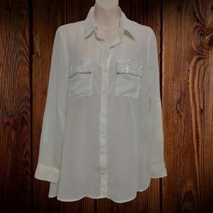 ✨Bogo FREE✨  Ali & Kris Long Sleeve Sheer Top w Sequins on Pocket Flaps L